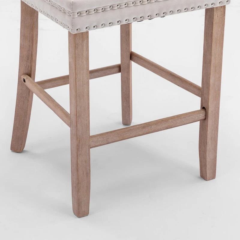 Tabourets de bar en velours capitonnés avec pieds en bois et garniture de clous décoratifs chromés, chaises de bar style décontracté