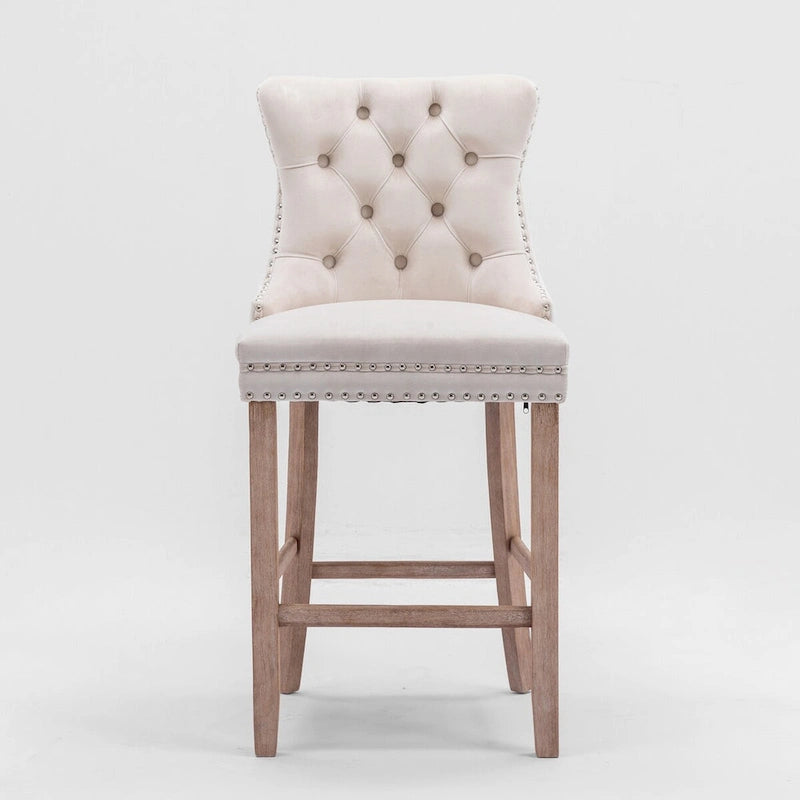 Tabourets de bar en velours capitonnés avec pieds en bois et garniture de clous décoratifs chromés, chaises de bar style décontracté