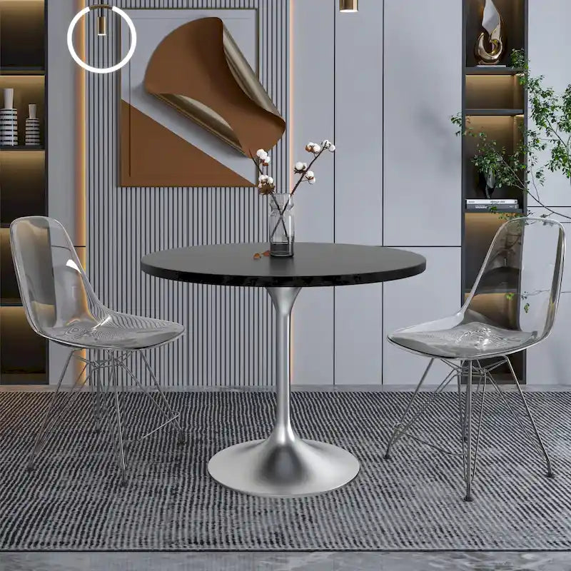 Table à manger ronde de 36 po avec plateau en bois MDF et base en chrome brossé pour cuisine et salle à manger