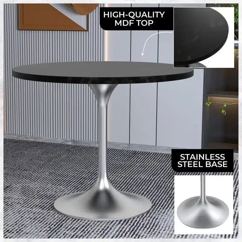 Table à manger ronde de 36 po avec plateau en bois MDF et base en chrome brossé pour cuisine et salle à manger