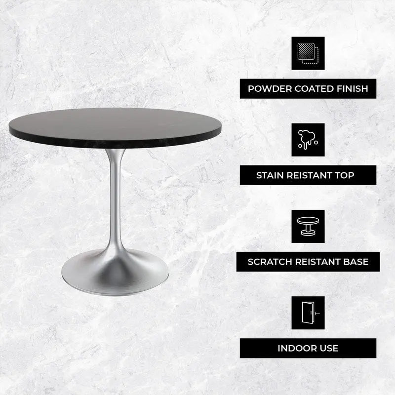 Table à manger ronde de 36 po avec plateau en bois MDF et base en chrome brossé pour cuisine et salle à manger