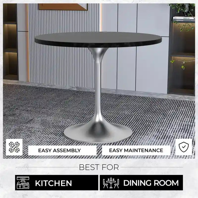 Table à manger ronde de 36 po avec plateau en bois MDF et base en chrome brossé pour cuisine et salle à manger