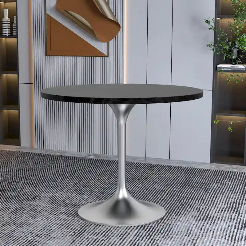 Table à manger ronde de 36 po avec plateau en bois MDF et base en chrome brossé pour cuisine et salle à manger