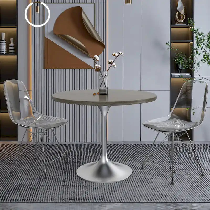 Table à manger ronde de 36 po avec plateau en bois MDF et base en chrome brossé pour cuisine et salle à manger