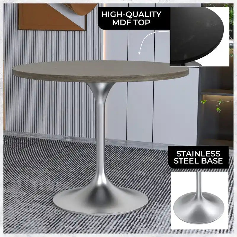 Table à manger ronde de 36 po avec plateau en bois MDF et base en chrome brossé pour cuisine et salle à manger