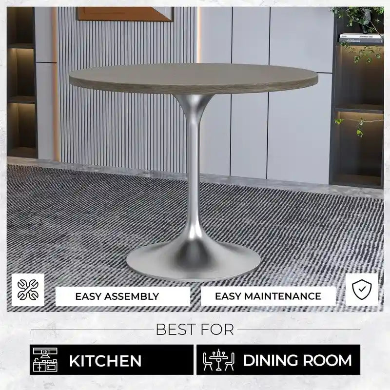 Table à manger ronde de 36 po avec plateau en bois MDF et base en chrome brossé pour cuisine et salle à manger