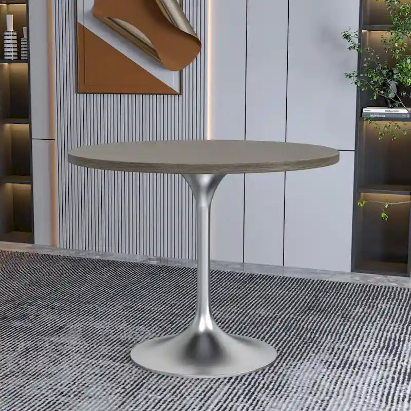 Table à manger ronde de 36 po avec plateau en bois MDF et base en chrome brossé pour cuisine et salle à manger