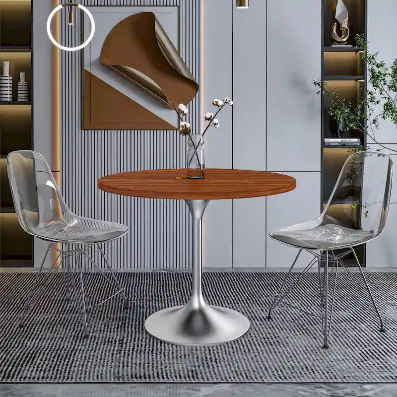 Table à manger ronde de 36 po avec plateau en bois MDF et base en chrome brossé pour cuisine et salle à manger
