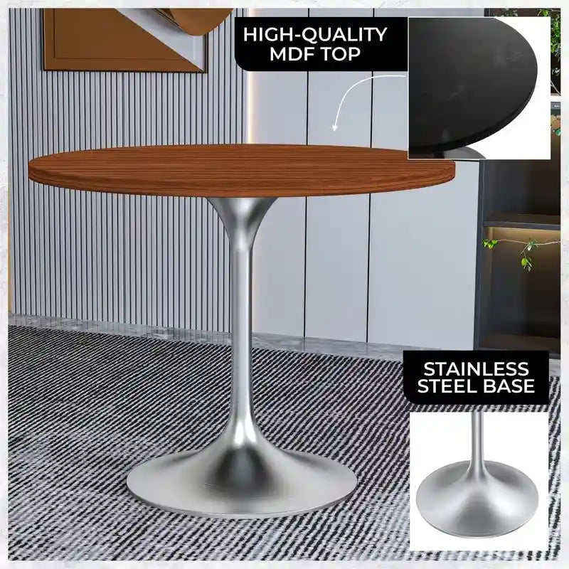 Table à manger ronde de 36 po avec plateau en bois MDF et base en chrome brossé pour cuisine et salle à manger