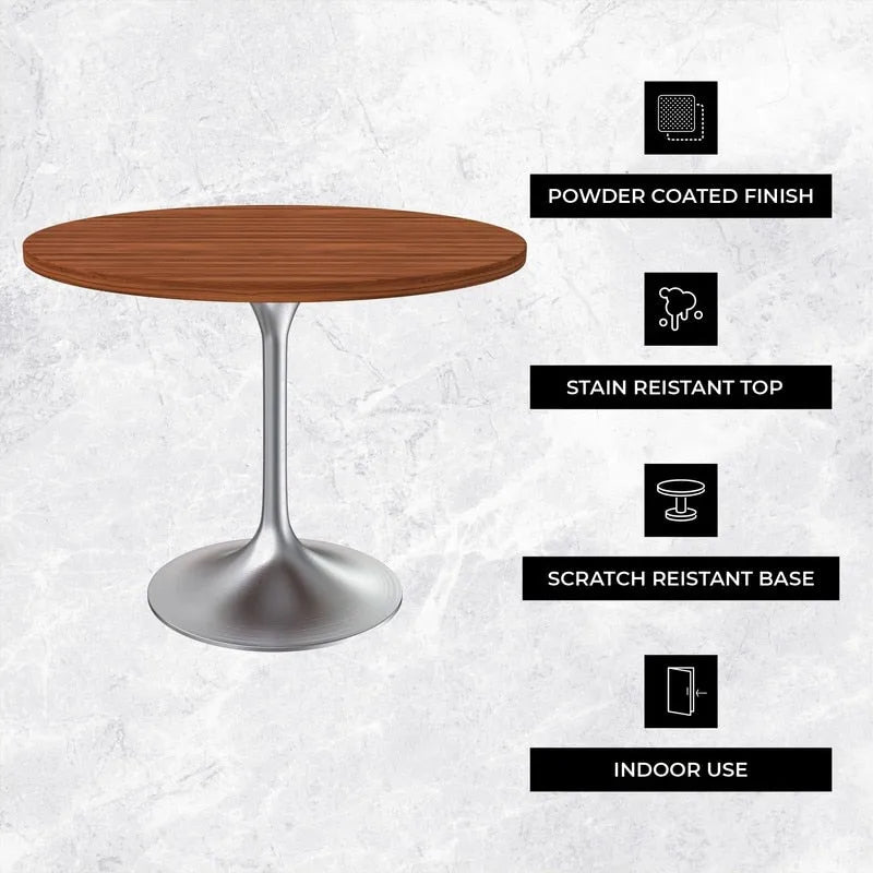 Table à manger ronde de 36 po avec plateau en bois MDF et base en chrome brossé pour cuisine et salle à manger