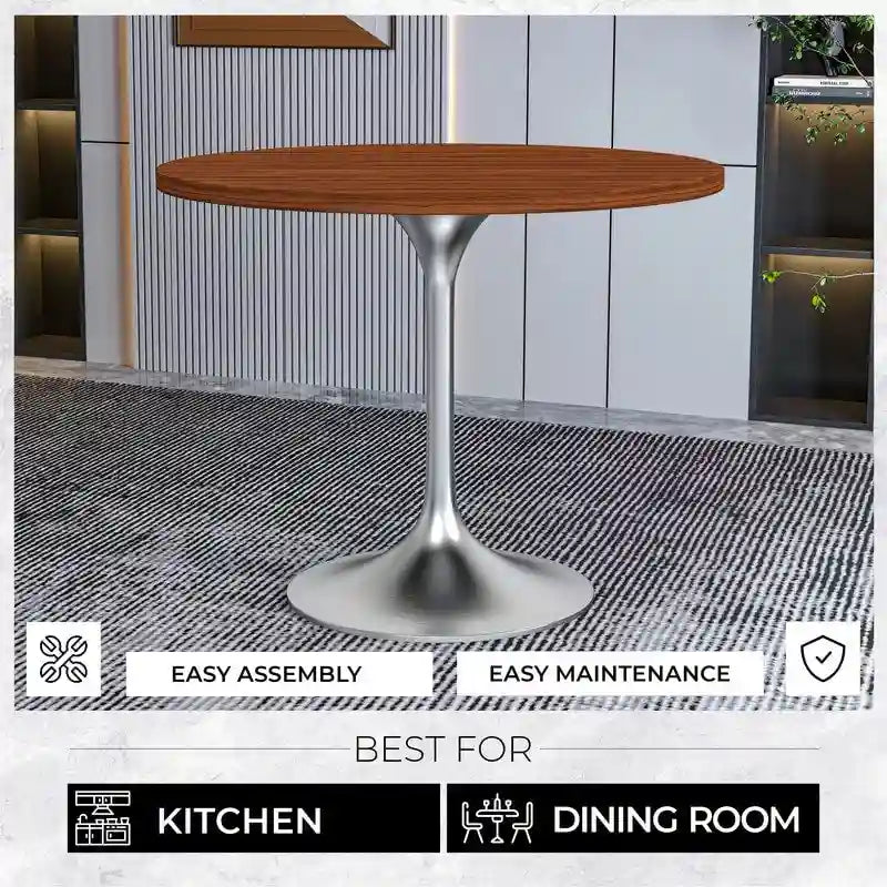 Table à manger ronde de 36 po avec plateau en bois MDF et base en chrome brossé pour cuisine et salle à manger