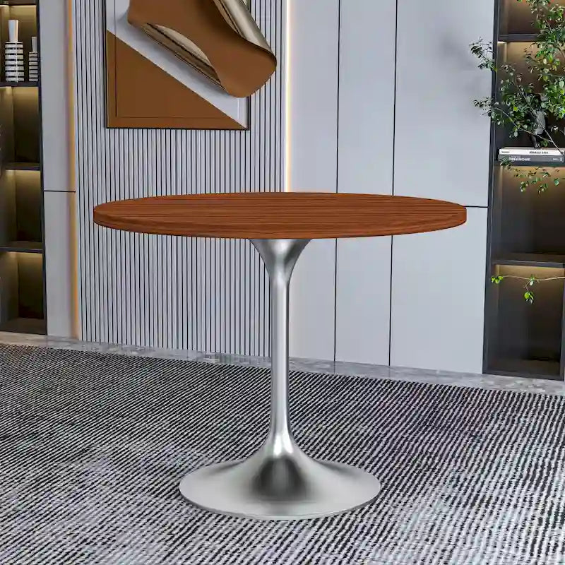 Table à manger ronde de 36 po avec plateau en bois MDF et base en chrome brossé pour cuisine et salle à manger
