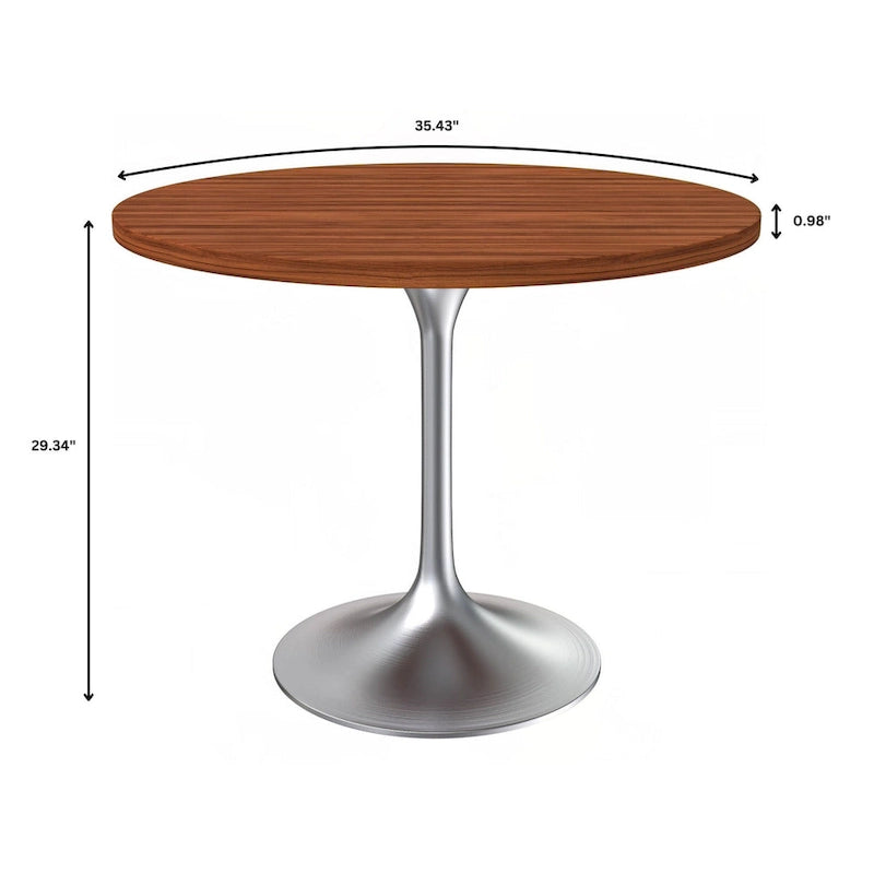 Table à manger ronde de 36 po avec plateau en bois MDF et base en chrome brossé pour cuisine et salle à manger