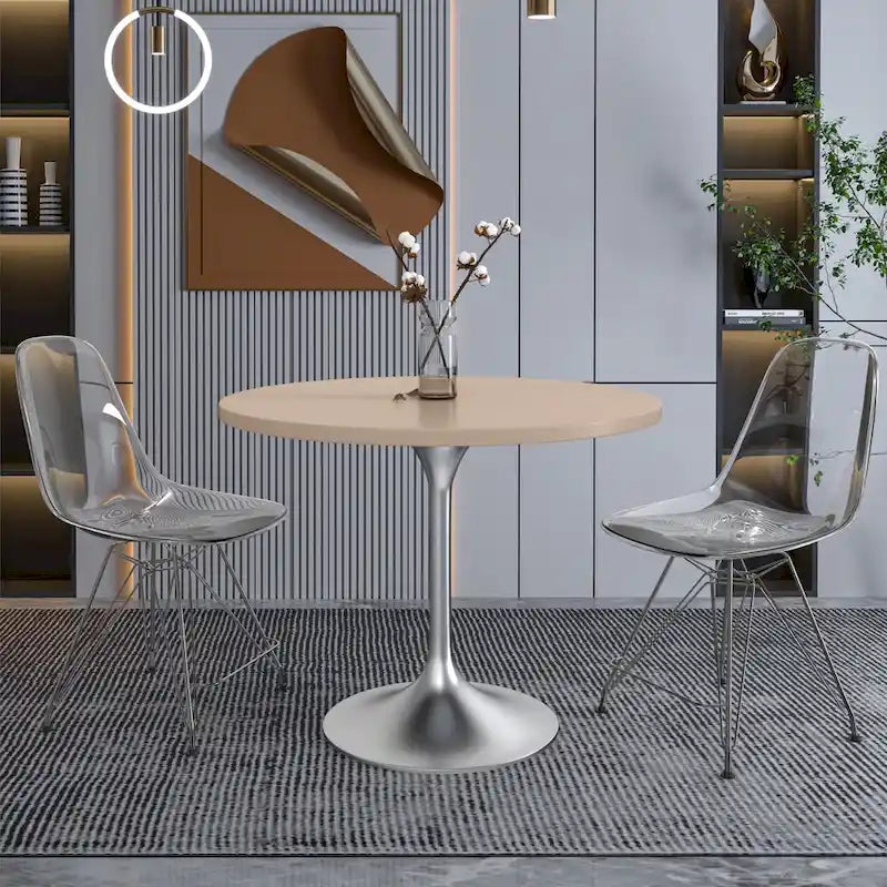 Table à manger ronde de 36 po avec plateau en bois MDF et base en chrome brossé pour cuisine et salle à manger