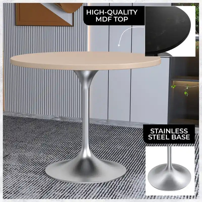 Table à manger ronde de 36 po avec plateau en bois MDF et base en chrome brossé pour cuisine et salle à manger