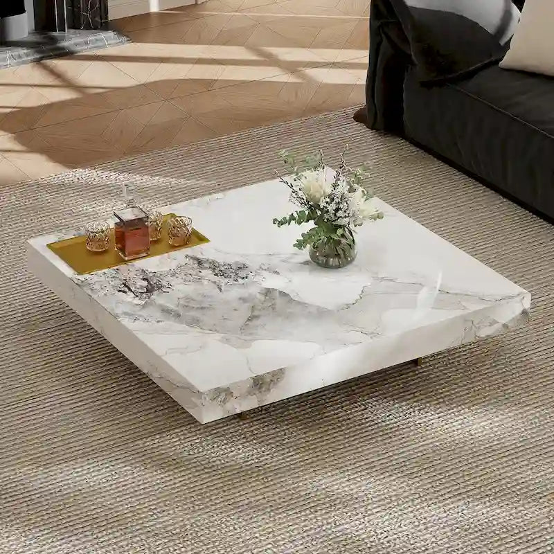Table basse carrée moderne 42 en faux marbrePlateau en pierre frittée brillante