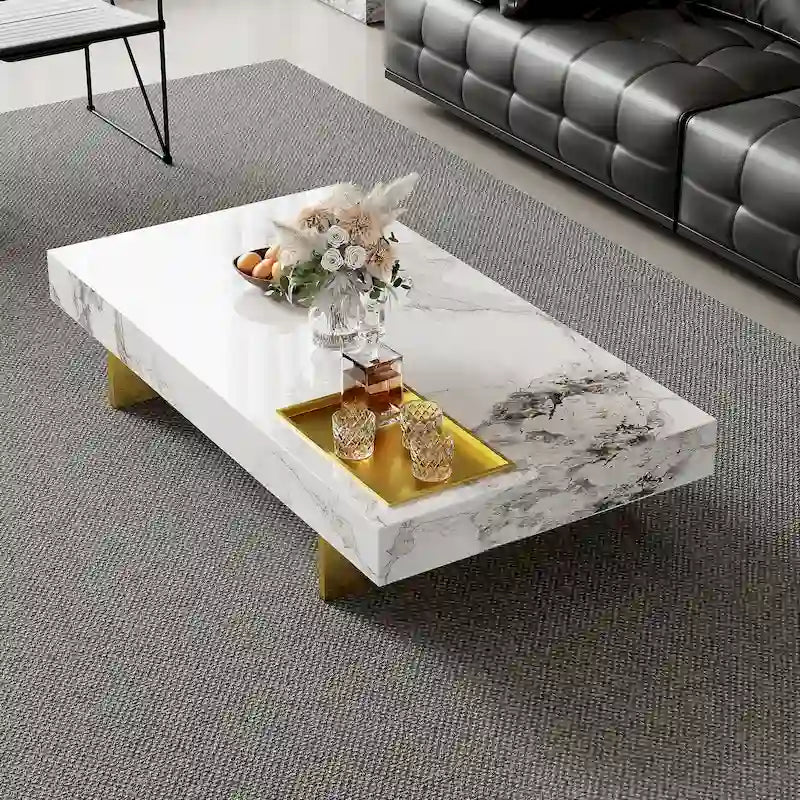 Table basse carrée moderne 42 en faux marbrePlateau en pierre frittée brillante