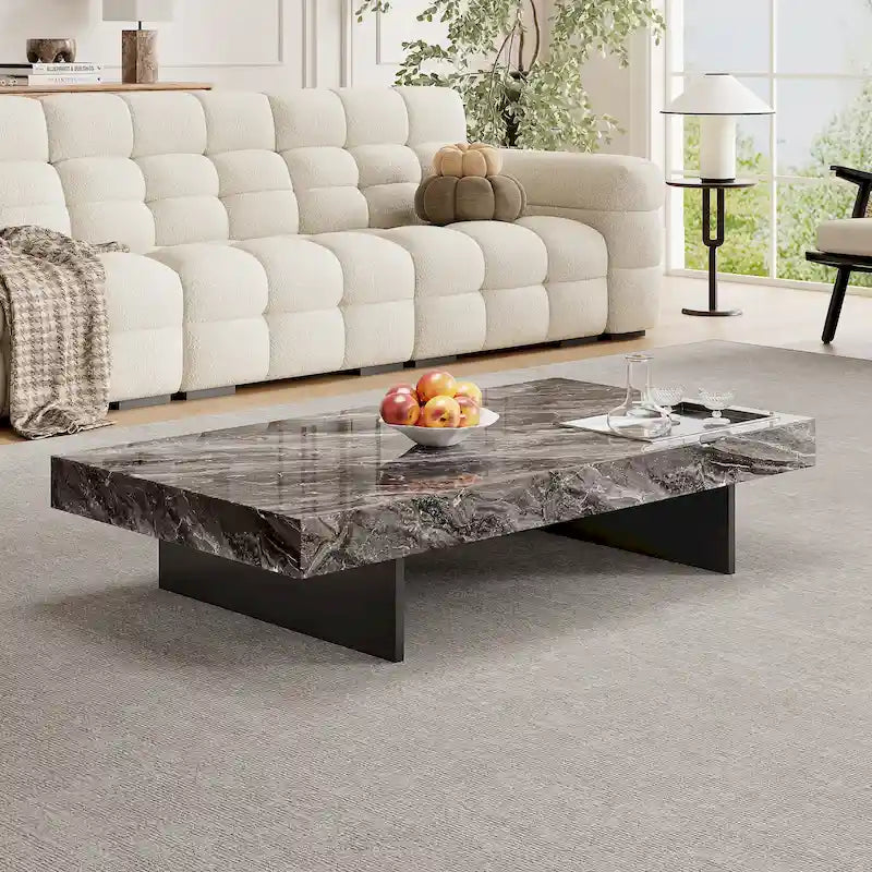 Table basse carrée moderne 42 en faux marbrePlateau en pierre frittée brillante