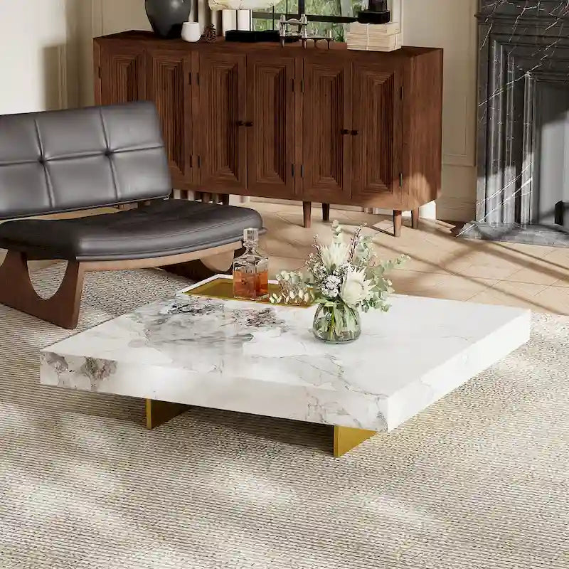 Table basse carrée moderne 42 en faux marbrePlateau en pierre frittée brillante