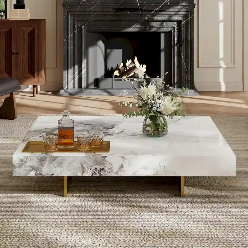 Table basse carrée moderne 42 en faux marbrePlateau en pierre frittée brillante