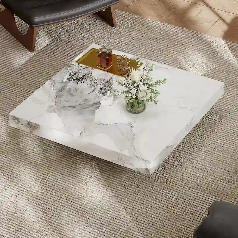 Table basse carrée moderne 42 en faux marbrePlateau en pierre frittée brillante