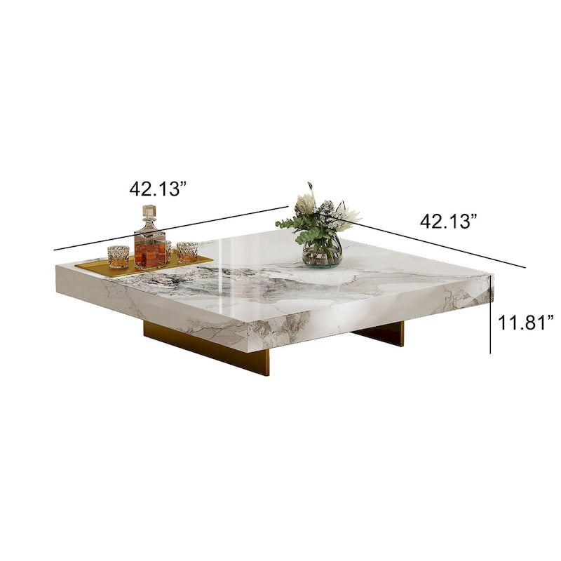 Table basse carrée moderne 42 en faux marbrePlateau en pierre frittée brillante