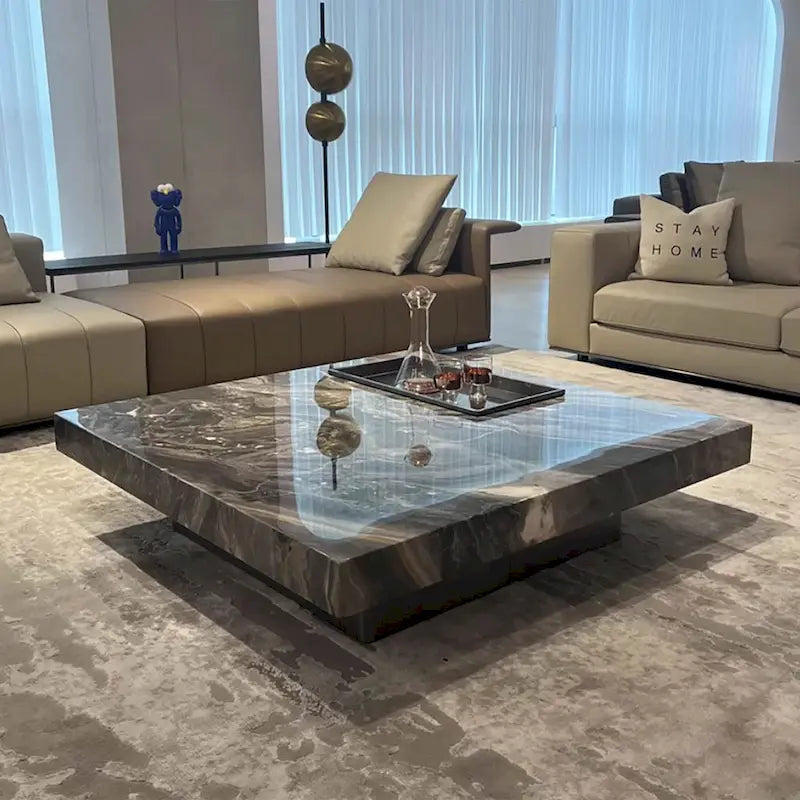 Table basse carrée moderne 42 en faux marbrePlateau en pierre frittée brillante