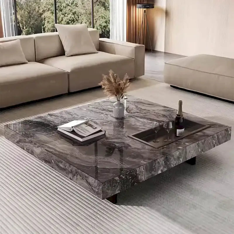 Table basse carrée moderne 42 en faux marbrePlateau en pierre frittée brillante