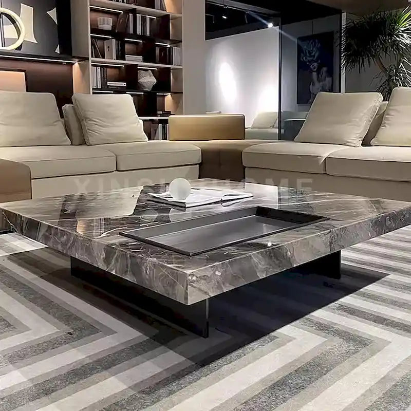 Table basse carrée moderne 42 en faux marbrePlateau en pierre frittée brillante