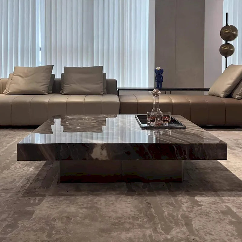 Table basse carrée moderne 42 en faux marbrePlateau en pierre frittée brillante