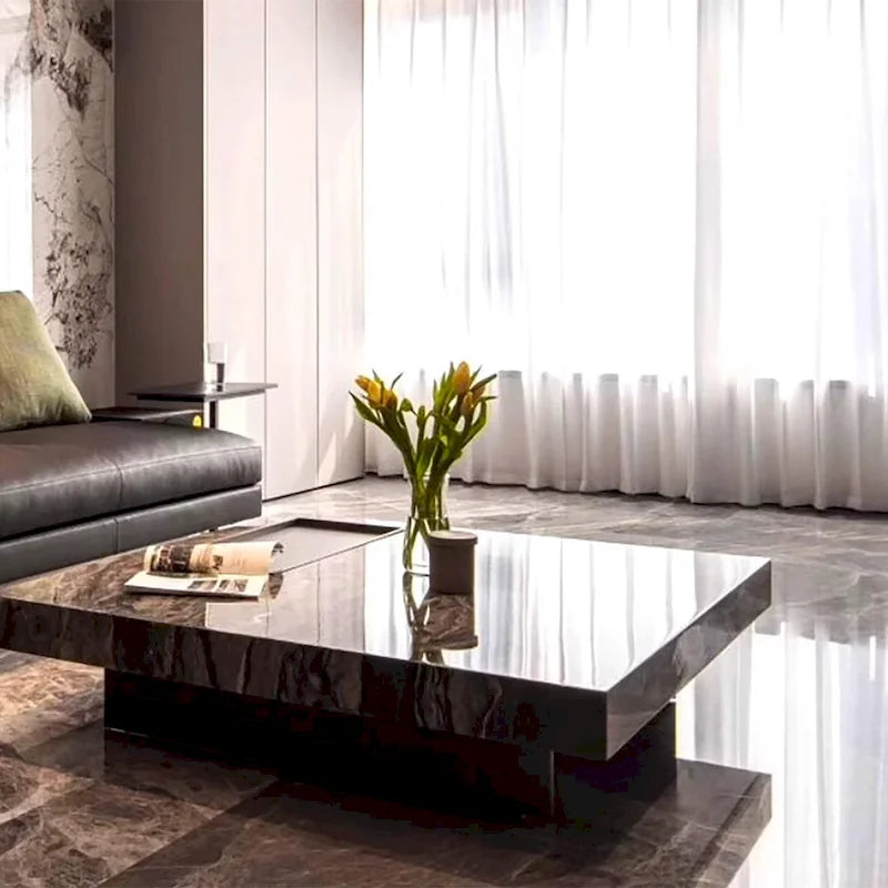 Table basse carrée moderne 42 en faux marbrePlateau en pierre frittée brillante
