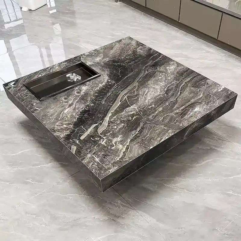 Table basse carrée moderne 42 en faux marbrePlateau en pierre frittée brillante