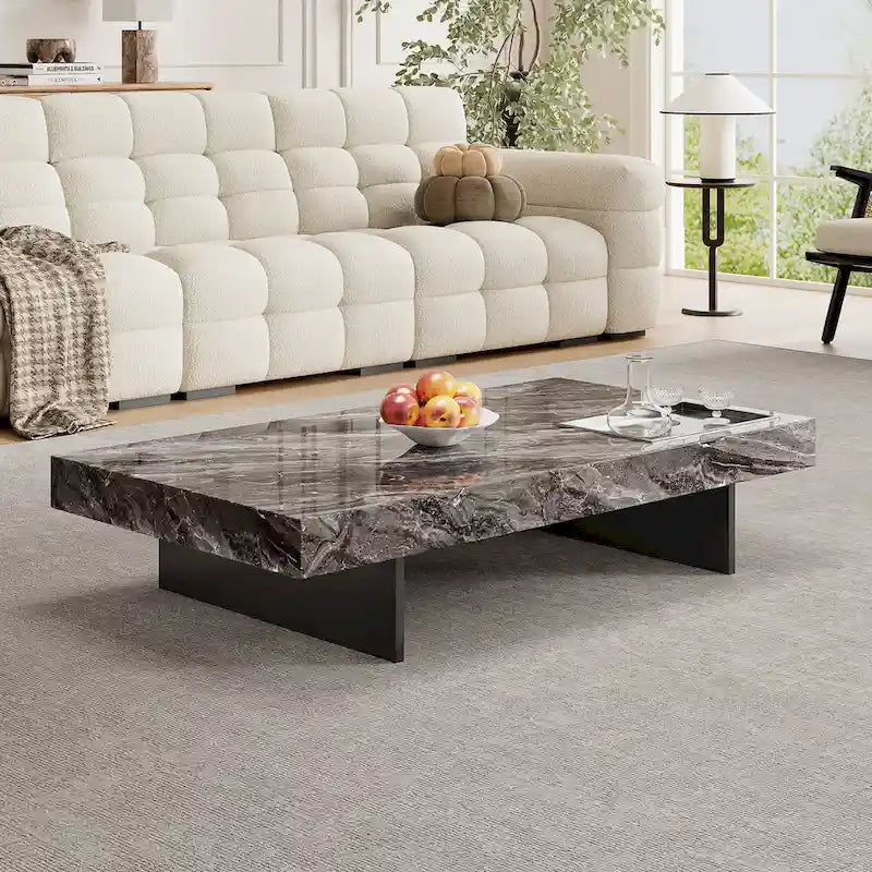 Table basse carrée moderne 42 en faux marbrePlateau en pierre frittée brillante