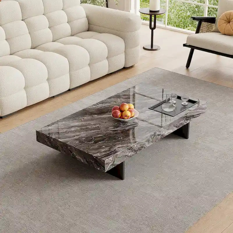 Table basse carrée moderne 42 en faux marbrePlateau en pierre frittée brillante