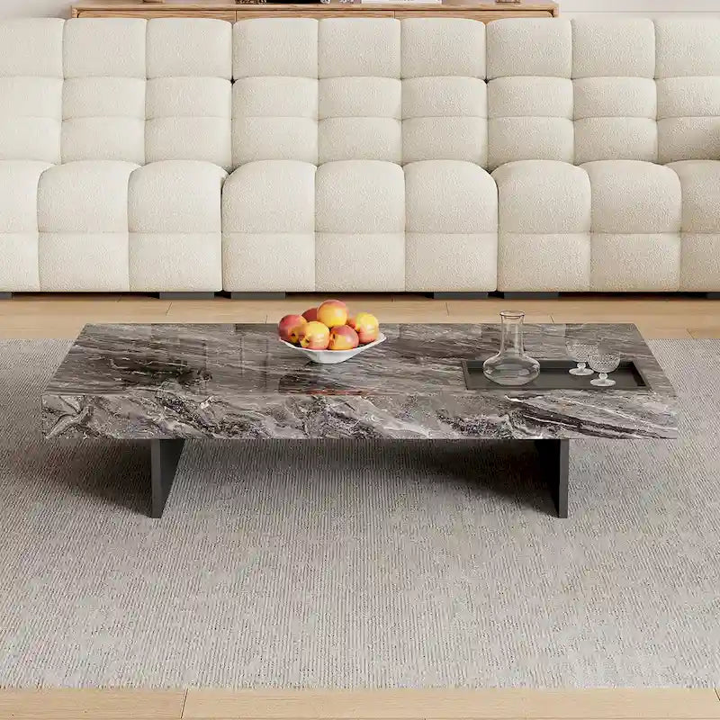 Table basse carrée moderne 42 en faux marbrePlateau en pierre frittée brillante