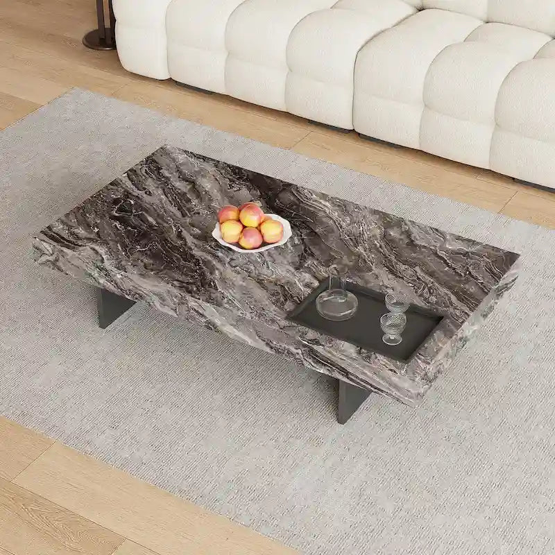 Table basse carrée moderne 42 en faux marbrePlateau en pierre frittée brillante