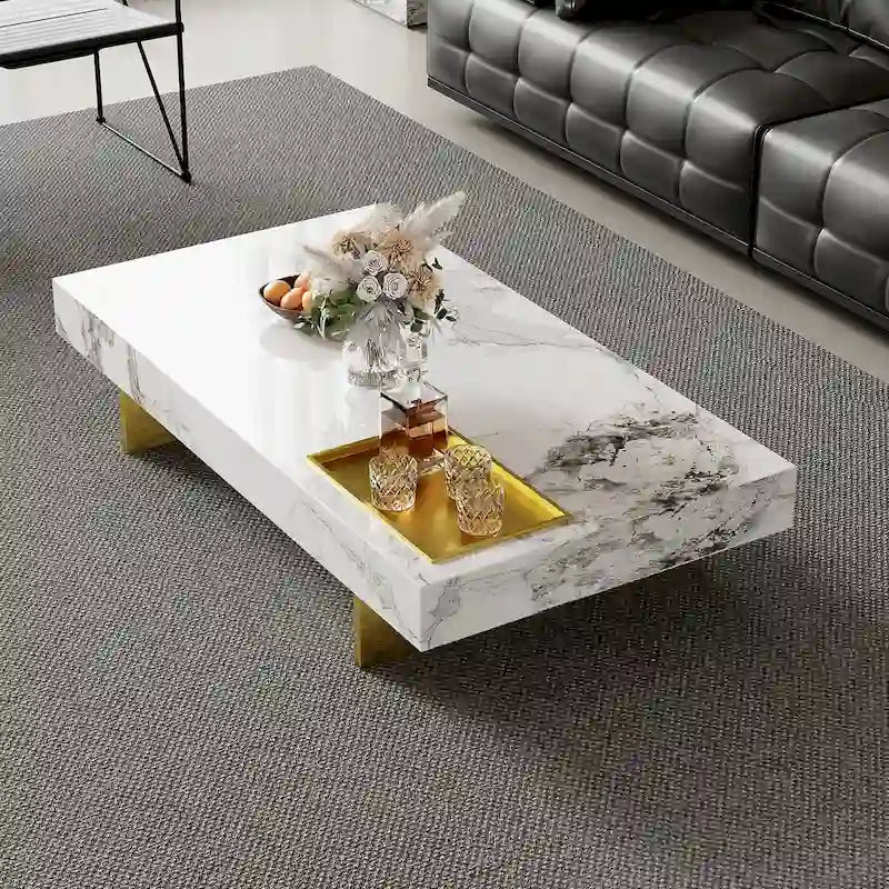 Table basse carrée moderne 42 en faux marbrePlateau en pierre frittée brillante