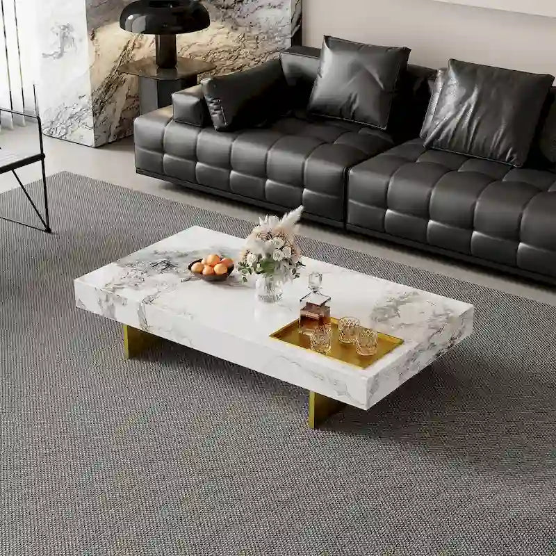Table basse carrée moderne 42 en faux marbrePlateau en pierre frittée brillante