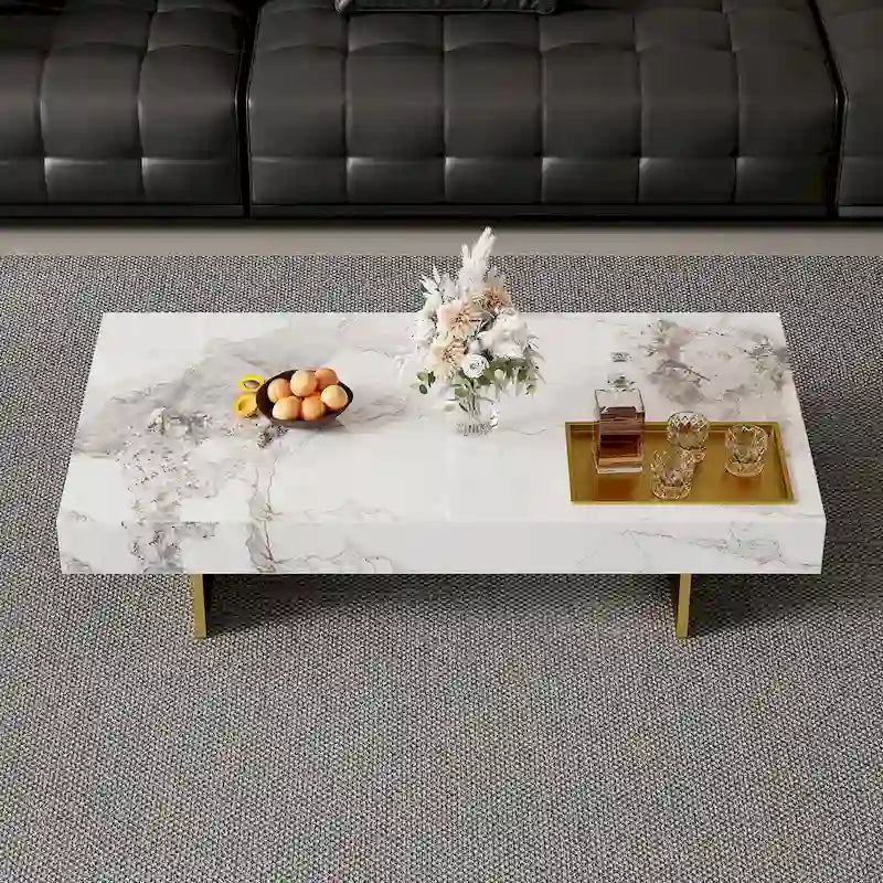 Table basse carrée moderne 42 en faux marbrePlateau en pierre frittée brillante