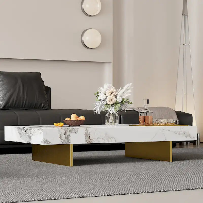 Table basse carrée moderne 42 en faux marbrePlateau en pierre frittée brillante