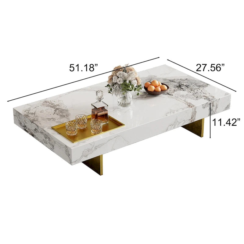 Table basse carrée moderne 42 en faux marbrePlateau en pierre frittée brillante
