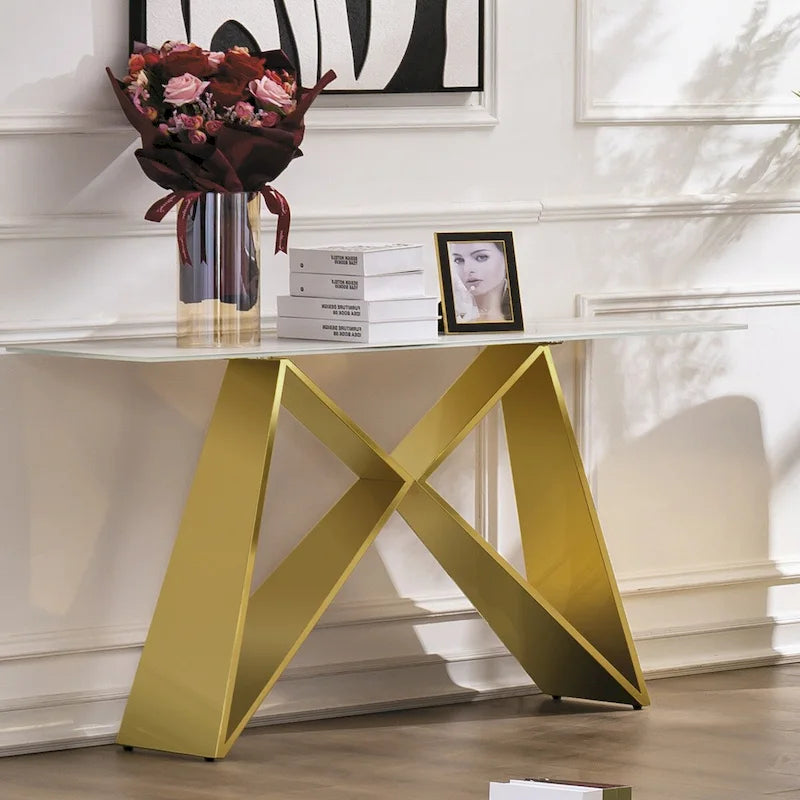 Console en verre blanc rectangulaire de 55 pouces avec base en M miroir