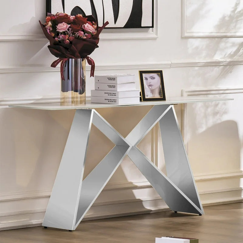Console en verre blanc rectangulaire de 55 pouces avec base en M miroir