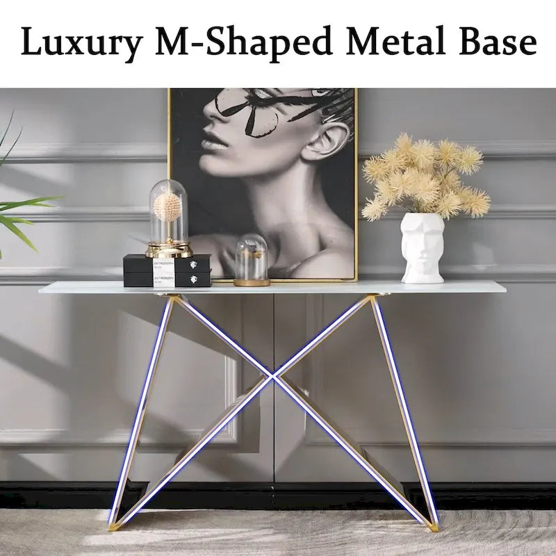 Console en verre blanc rectangulaire de 55 pouces avec base en M miroir