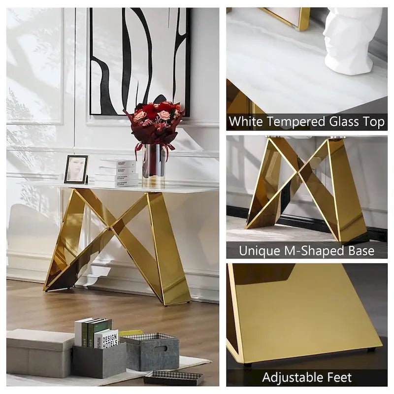 Console en verre blanc rectangulaire de 55 pouces avec base en M miroir