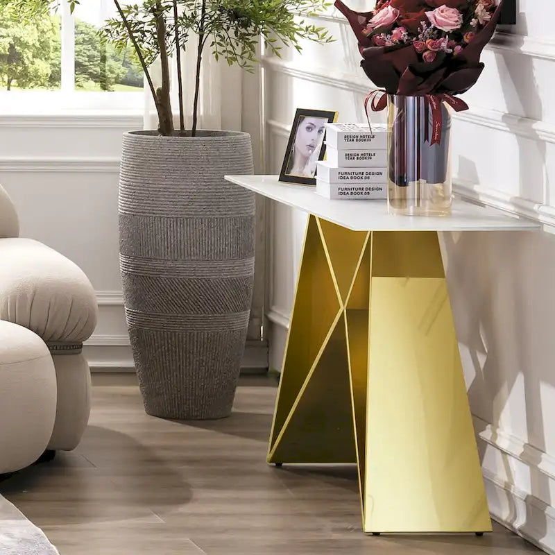 Console en verre blanc rectangulaire de 55 pouces avec base en M miroir