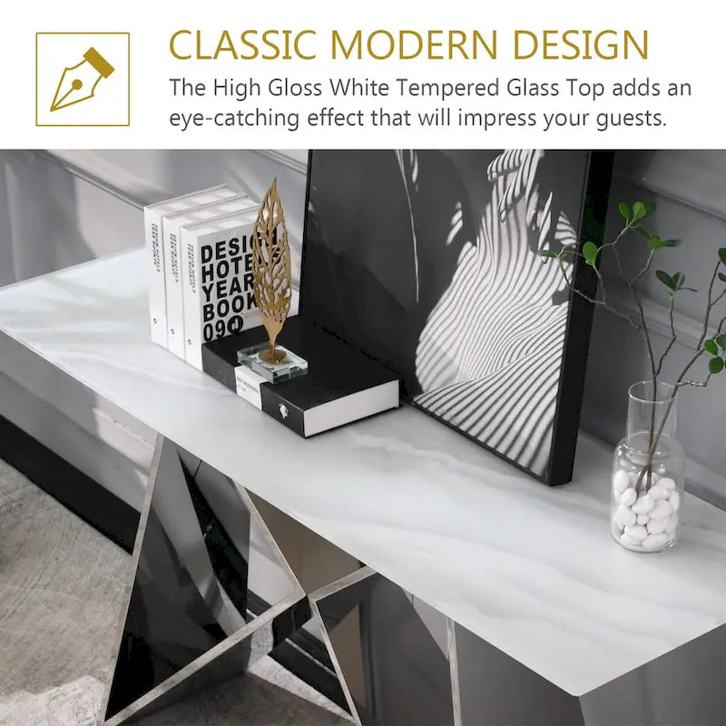 Console en verre blanc rectangulaire de 55 pouces avec base en M miroir