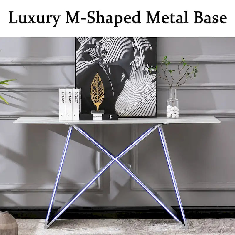 Console en verre blanc rectangulaire de 55 pouces avec base en M miroir