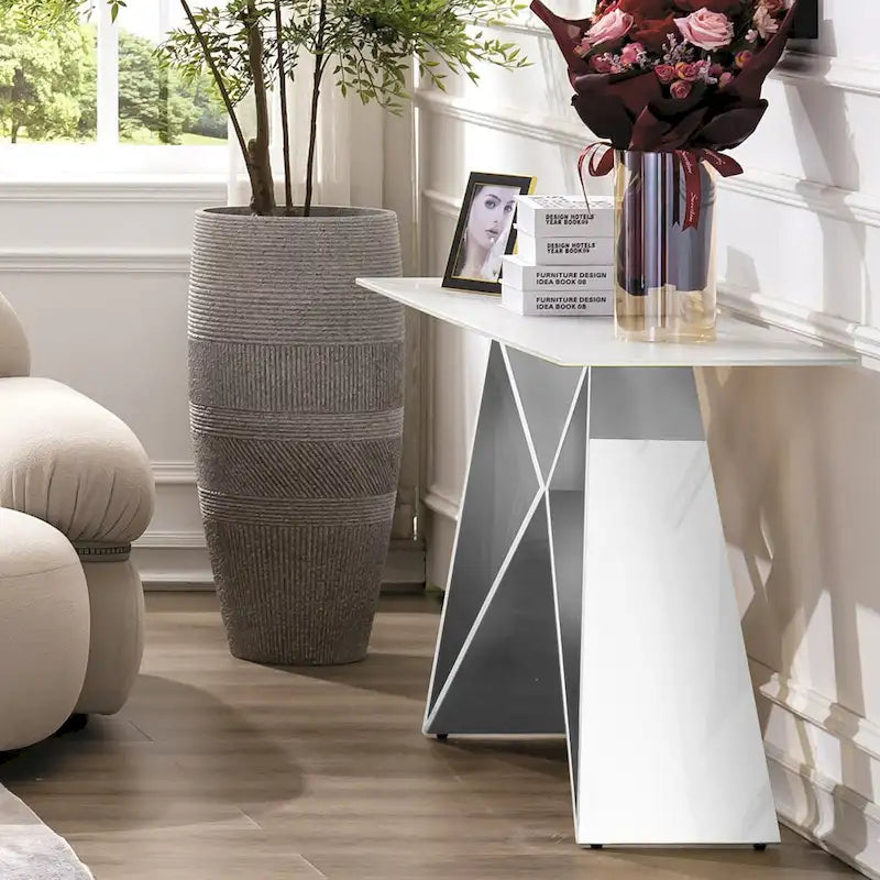 Console en verre blanc rectangulaire de 55 pouces avec base en M miroir