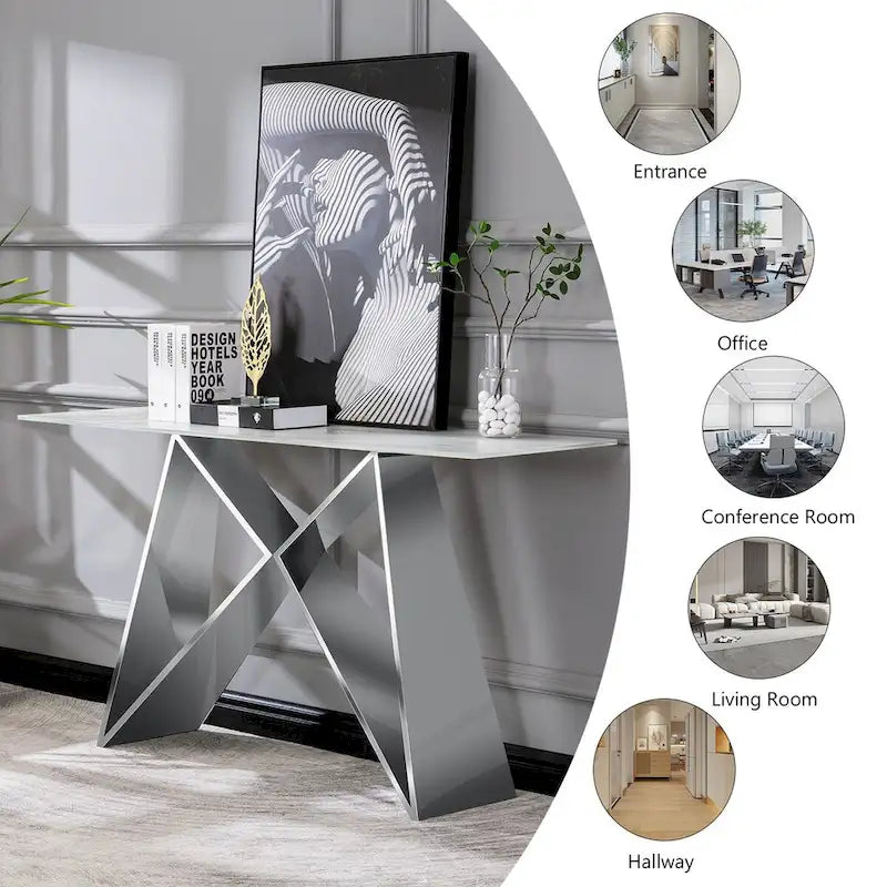 Console en verre blanc rectangulaire de 55 pouces avec base en M miroir